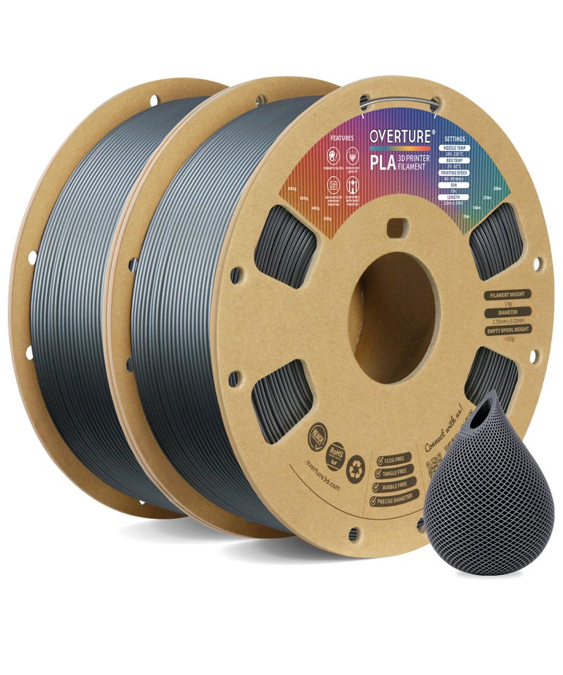 OVERTURE 2KG Bundle PLA Filament 1.75mm, Neatly Wound 3D Printer Filament 2 Pack 1kg Spool (2.2lbs), Dimensional Accuracy +/- 0.02 mm, Fit Most FDM 3D Printers (Space Gray 2-Pack) - Image 1